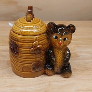 Vintage Japanese Teddy bear lidded honey🍯 jar w spoon